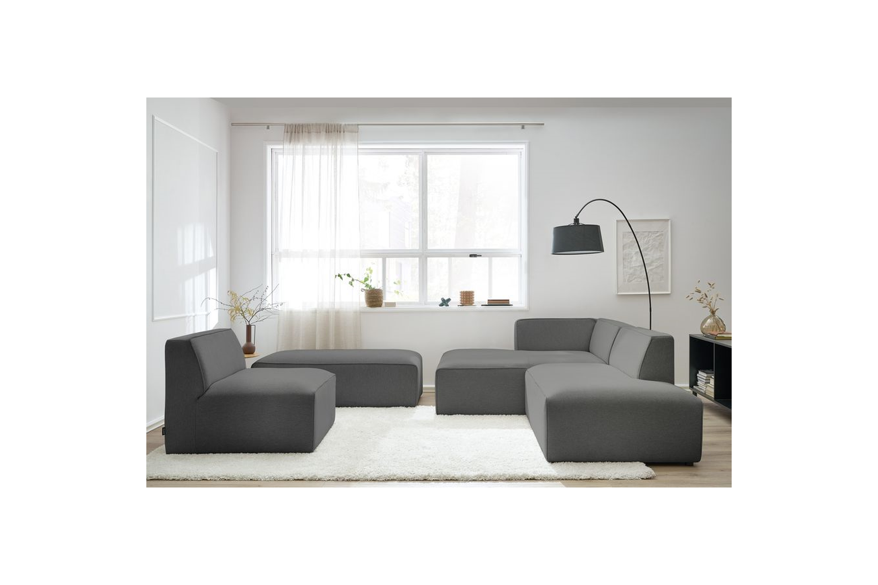 Megeve - Fixed Modular Corner Sofa - Smooth Fabric with 1 Armless Chair and 1 Pouffe - Left Corner