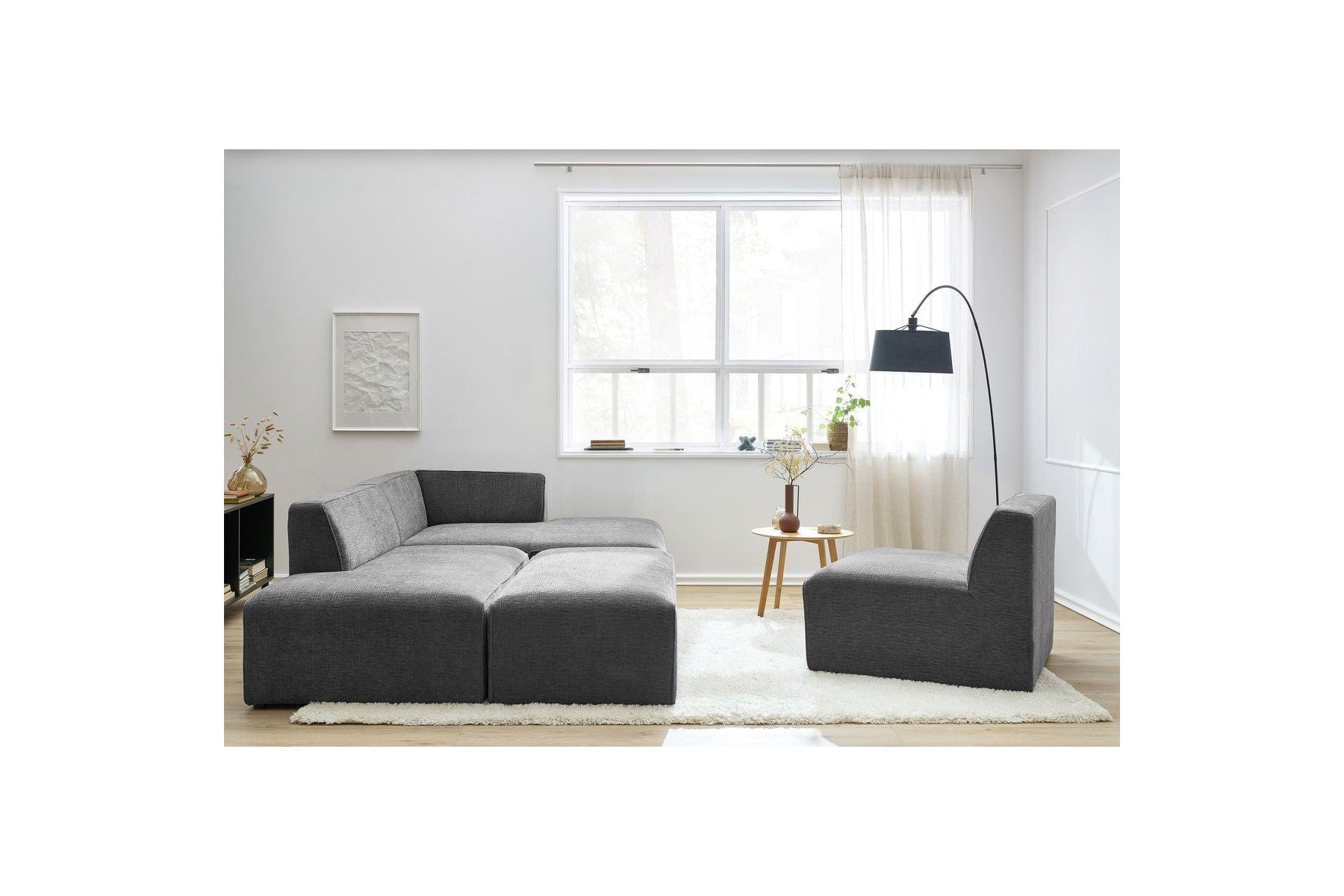 Sofá esquinero fijo modular - Megeve - Tela texturizada - Con 1 sillón y 1 puf - Esquina derecha