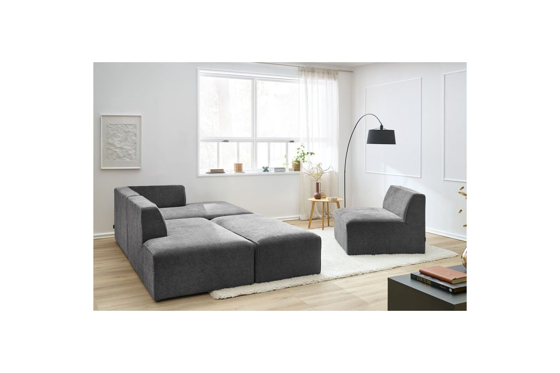 Sofá esquinero fijo modular - Megeve - Tela texturizada - Con 1 sillón y 1 puf - Esquina derecha