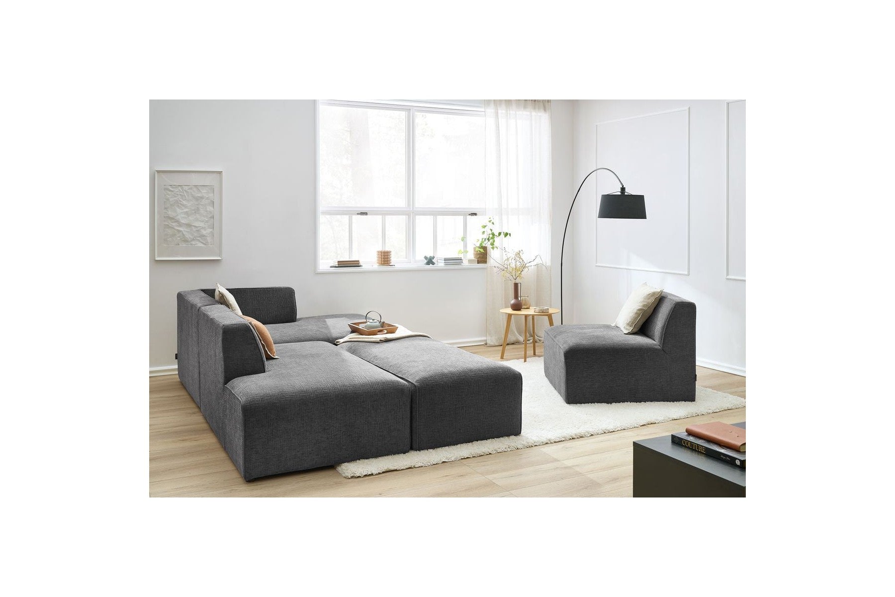 Sofá esquinero fijo modular - Megeve - Tela texturizada - Con 1 sillón y 1 puf - Esquina derecha