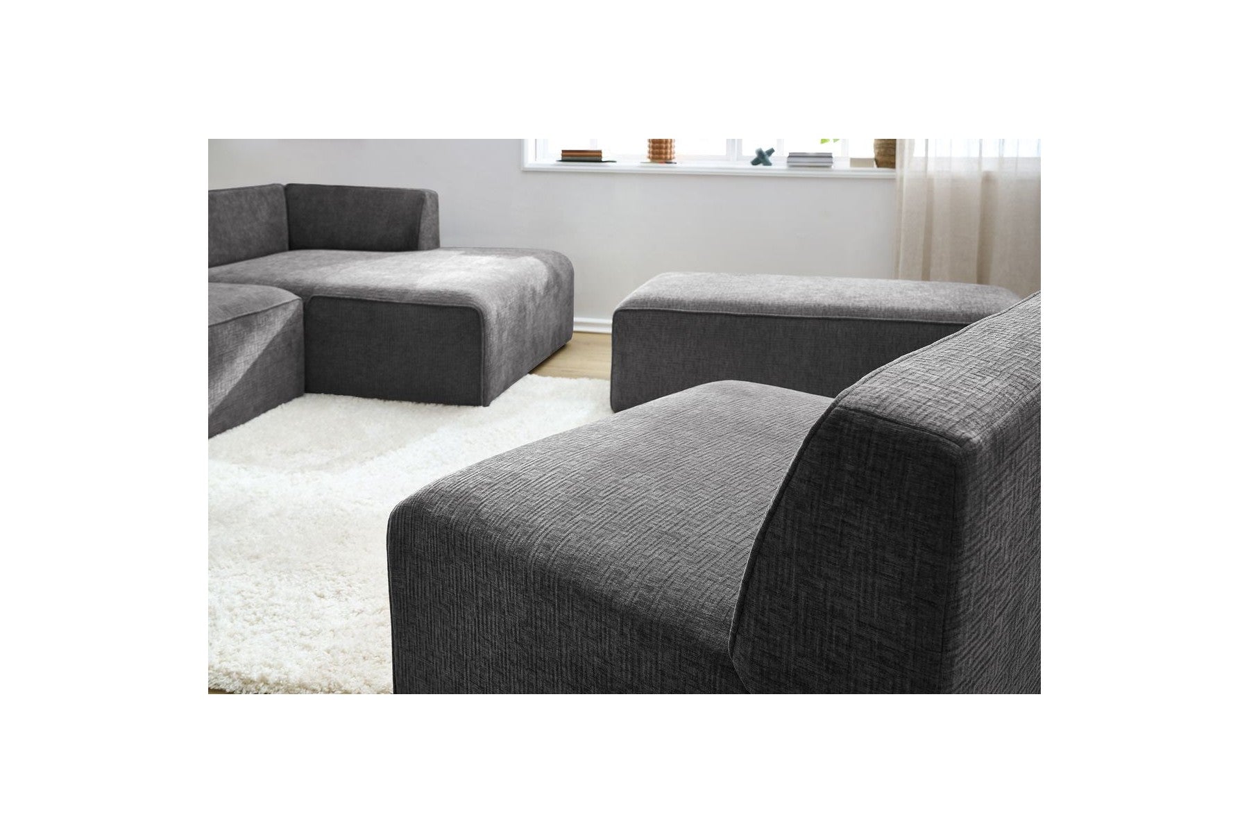 Sofá esquinero fijo modular - Megeve - Tela texturizada - Con 1 sillón y 1 puf - Esquina derecha