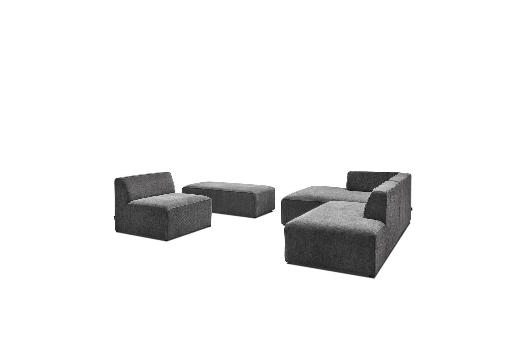 Modular Fixed Corner Sofa - Megeve - Textured Fabric - With 1 Armless Chair and 1 Pouffe - Left Corner