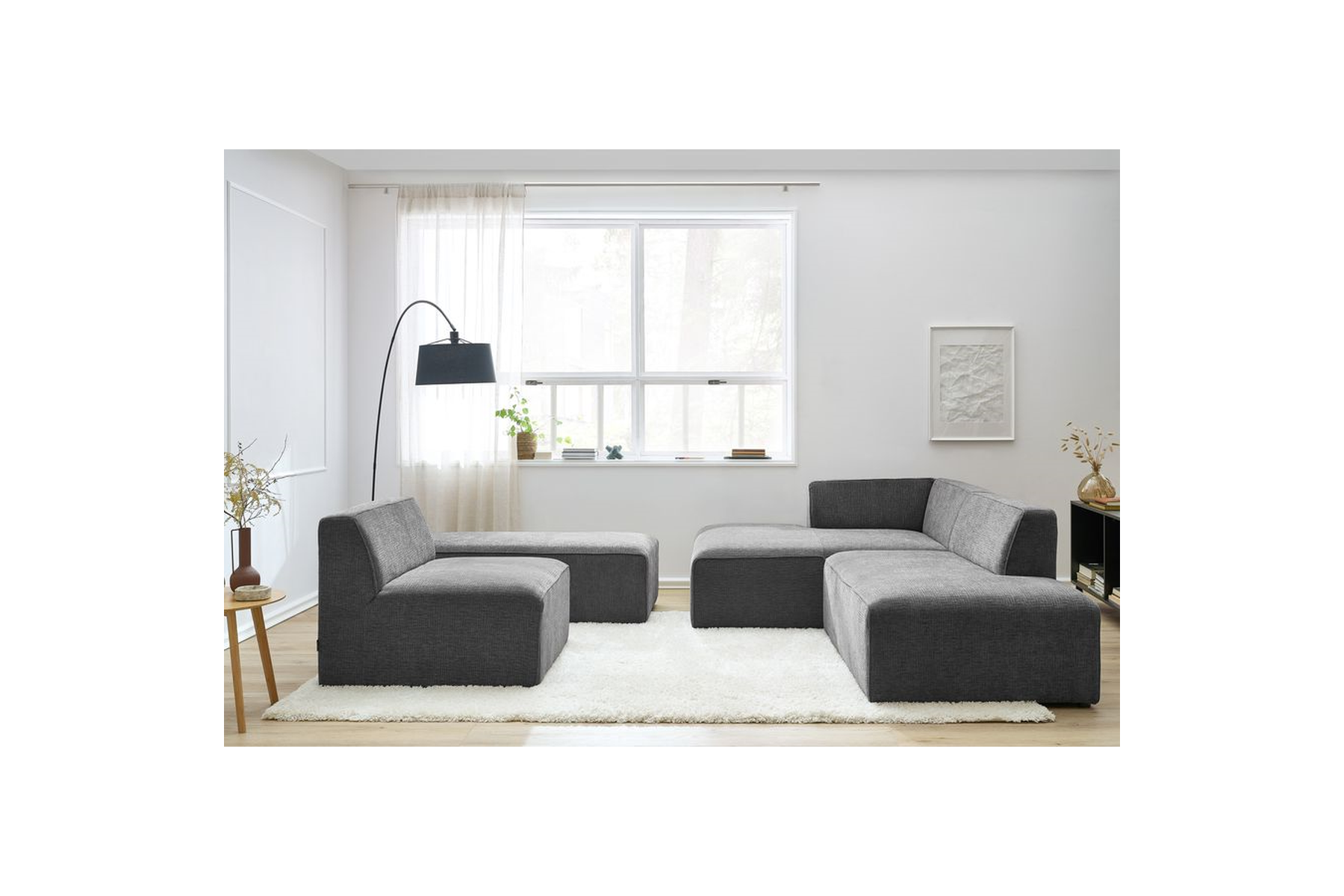Modular Fixed Corner Sofa - Megeve - Textured Fabric - With 1 Armless Chair and 1 Pouffe - Left Corner