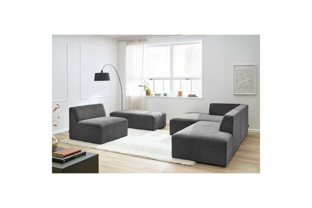 Modular Fixed Corner Sofa - Megeve - Textured Fabric - With 1 Armless Chair and 1 Pouffe - Left Corner