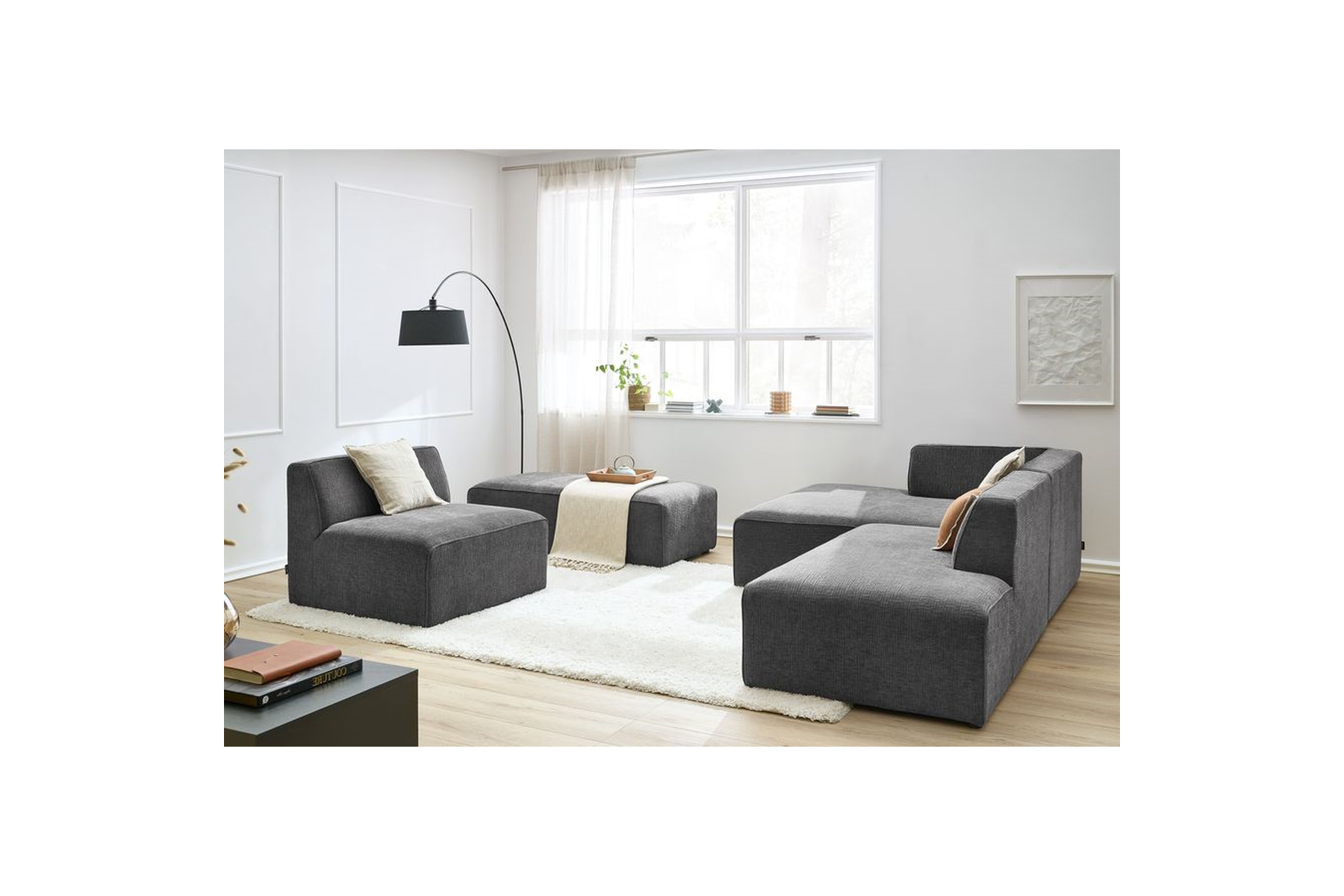 Modular Fixed Corner Sofa - Megeve - Textured Fabric - With 1 Armless Chair and 1 Pouffe - Left Corner