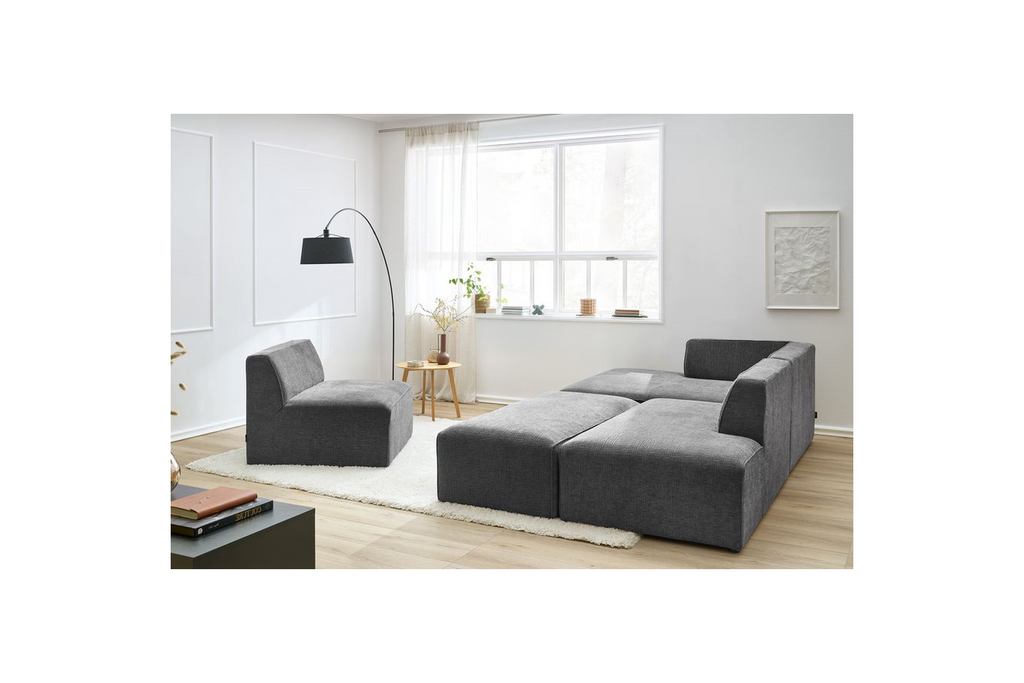 Modular Fixed Corner Sofa - Megeve - Textured Fabric - With 1 Armless Chair and 1 Pouffe - Left Corner