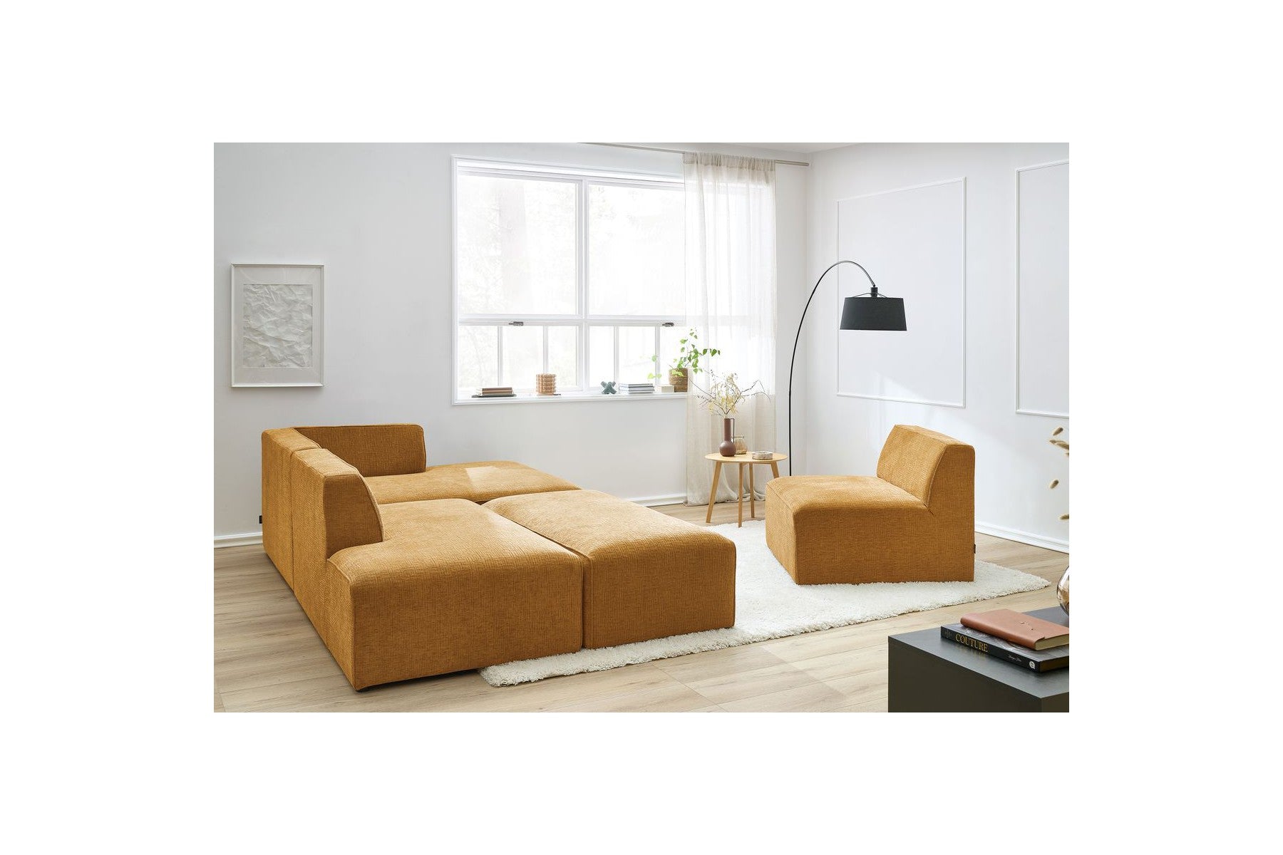 Sofá esquinero fijo modular - Megeve - Tela texturizada - Con 1 sillón y 1 puf - Esquina derecha