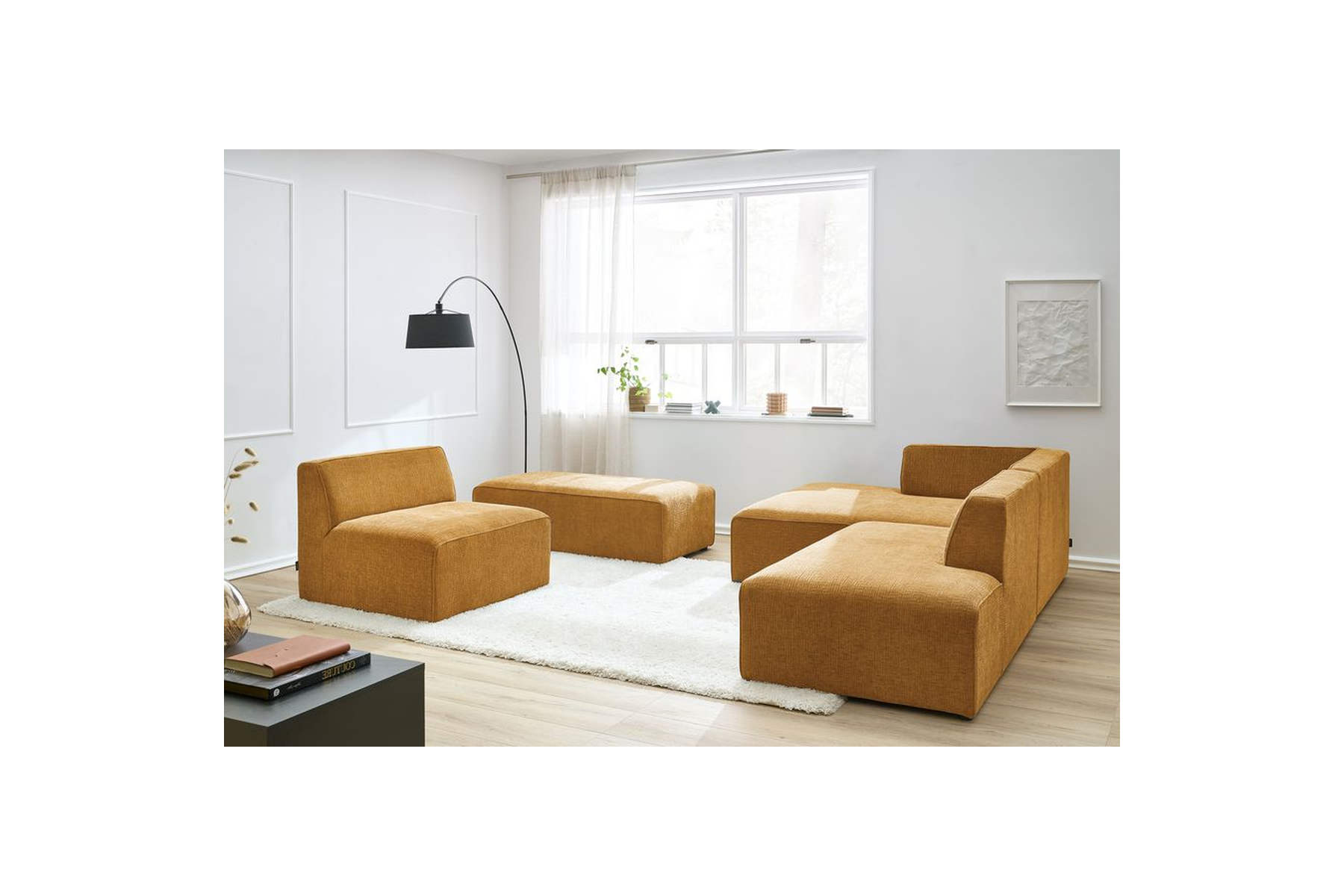 Modular Fixed Corner Sofa - Megeve - Textured Fabric - With 1 Armless Chair and 1 Pouffe - Left Corner