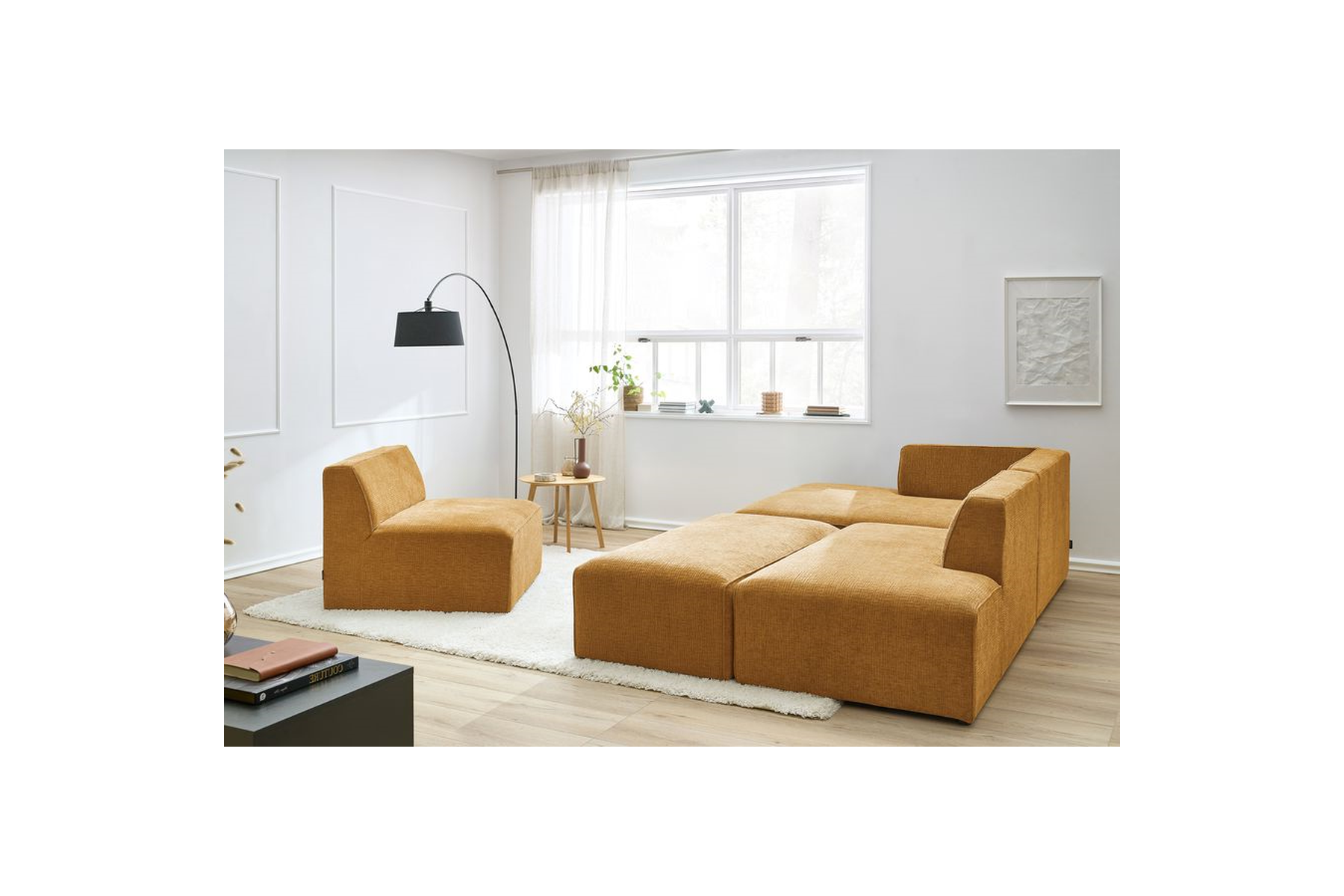 Modular Fixed Corner Sofa - Megeve - Textured Fabric - With 1 Armless Chair and 1 Pouffe - Left Corner
