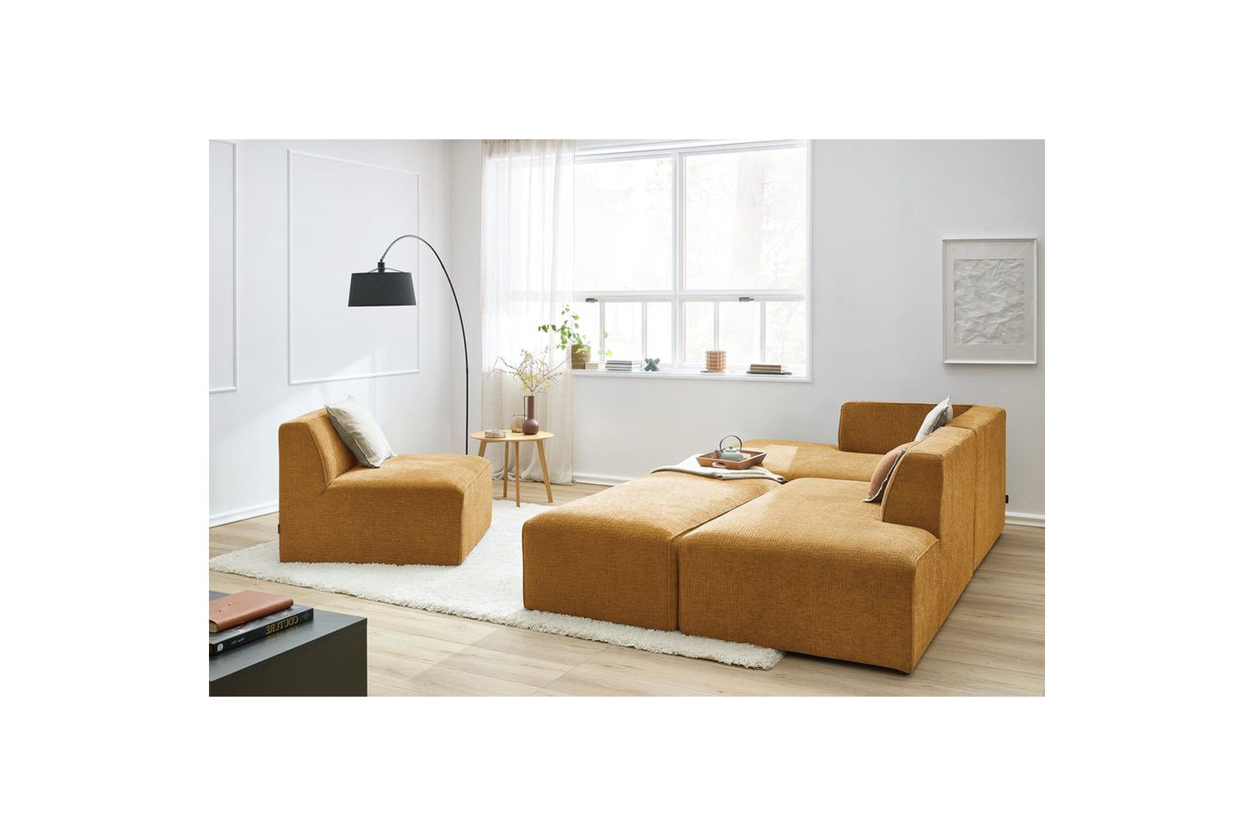 Modular Fixed Corner Sofa - Megeve - Textured Fabric - With 1 Armless Chair and 1 Pouffe - Left Corner