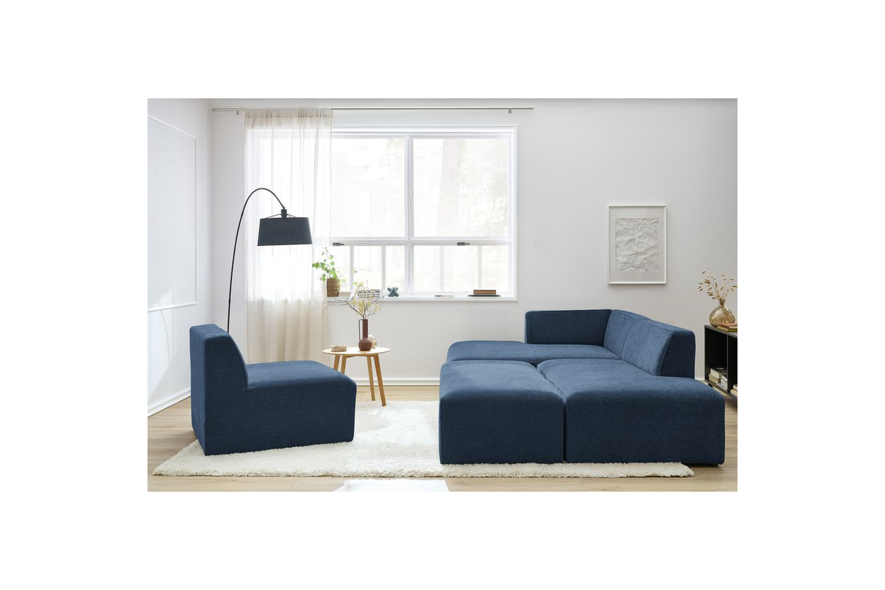 Modular Fixed Corner Sofa - Megeve - Textured Fabric - With 1 Armless Chair and 1 Pouffe - Left Corner