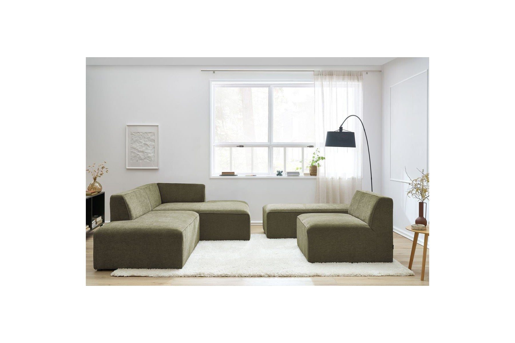 Sofá esquinero fijo modular - Megeve - Tela texturizada - Con 1 sillón y 1 puf - Esquina derecha