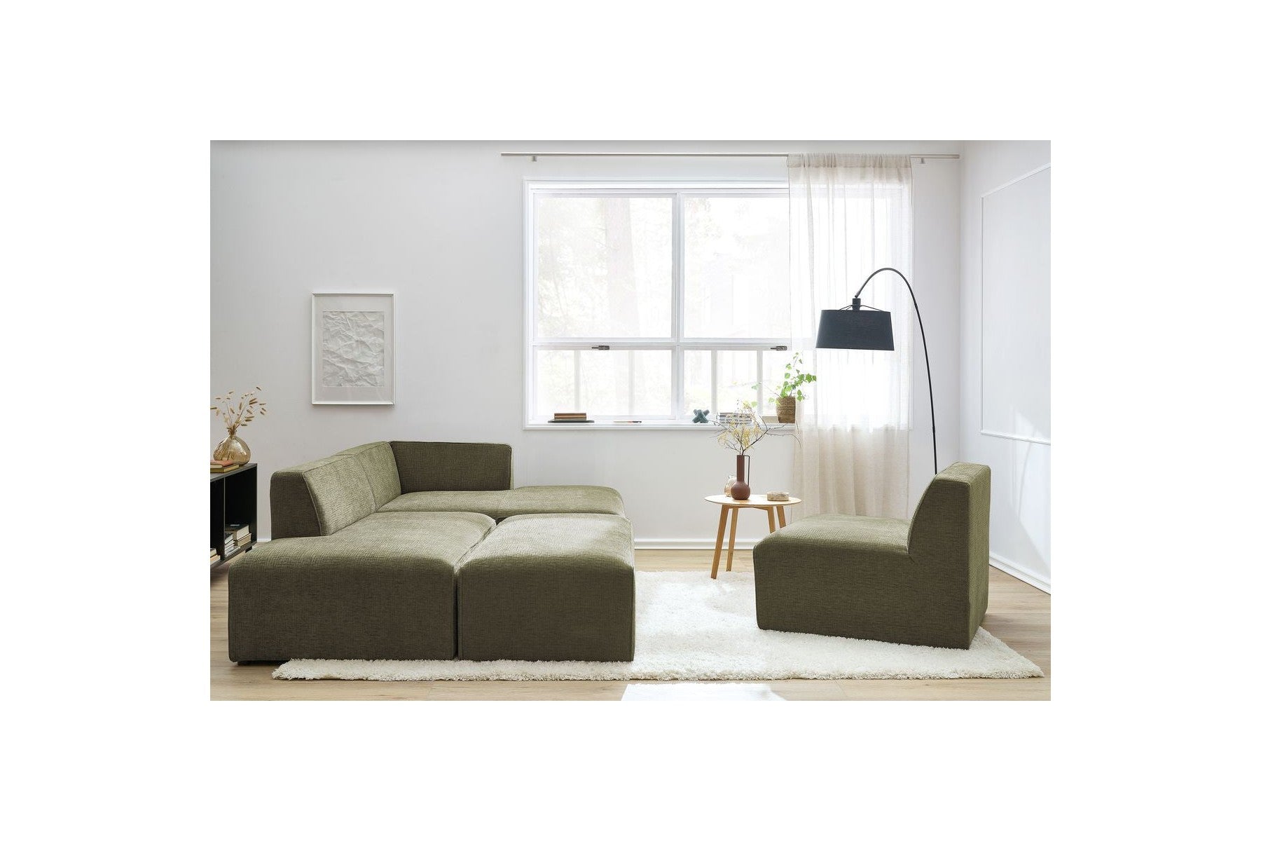 Sofá esquinero fijo modular - Megeve - Tela texturizada - Con 1 sillón y 1 puf - Esquina derecha