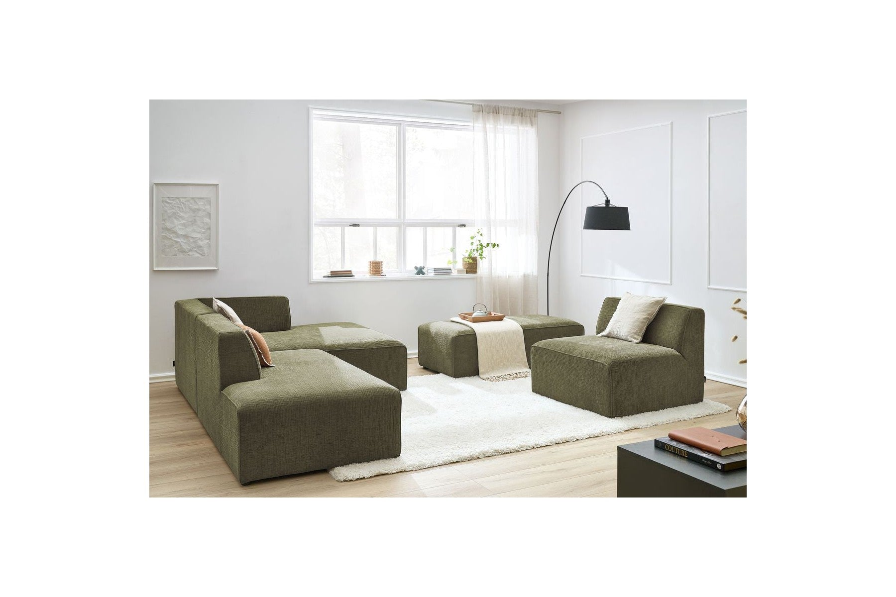 Sofá esquinero fijo modular - Megeve - Tela texturizada - Con 1 sillón y 1 puf - Esquina derecha