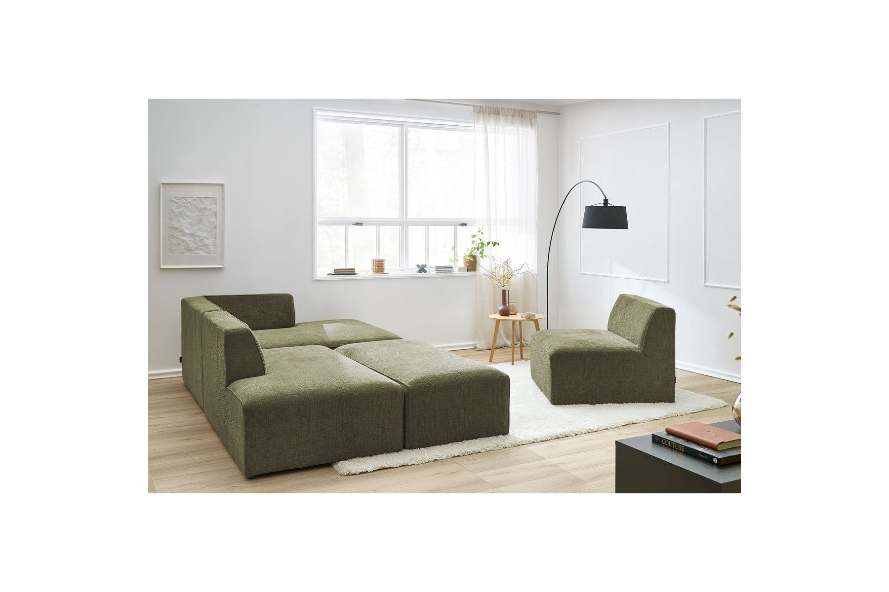Sofá esquinero fijo modular - Megeve - Tela texturizada - Con 1 sillón y 1 puf - Esquina derecha