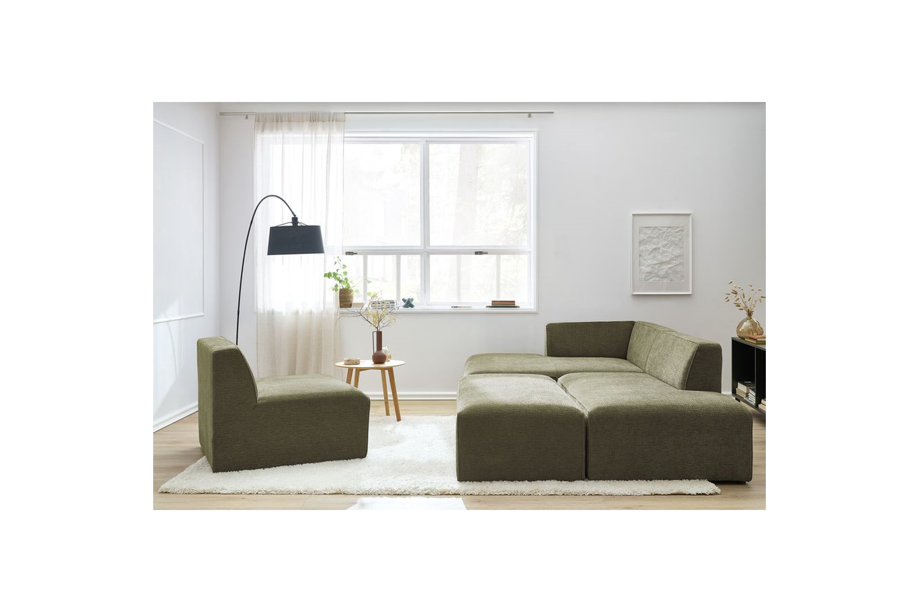 Modular Fixed Corner Sofa - Megeve - Textured Fabric - With 1 Armless Chair and 1 Pouffe - Left Corner
