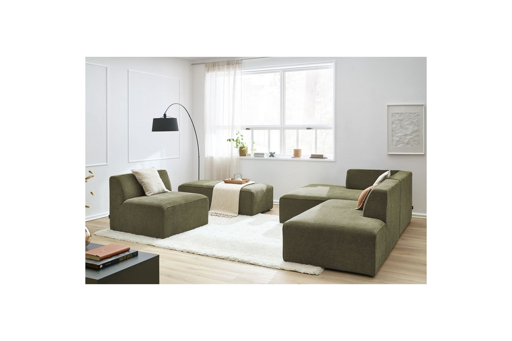 Modular Fixed Corner Sofa - Megeve - Textured Fabric - With 1 Armless Chair and 1 Pouffe - Left Corner