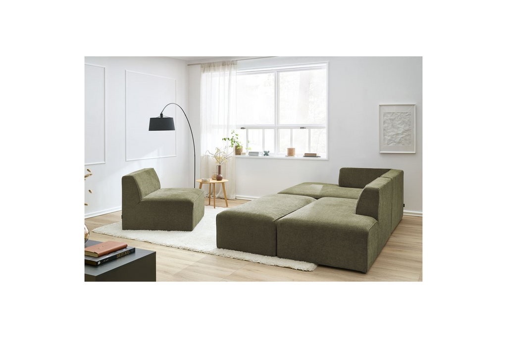 Modular Fixed Corner Sofa - Megeve - Textured Fabric - With 1 Armless Chair and 1 Pouffe - Left Corner