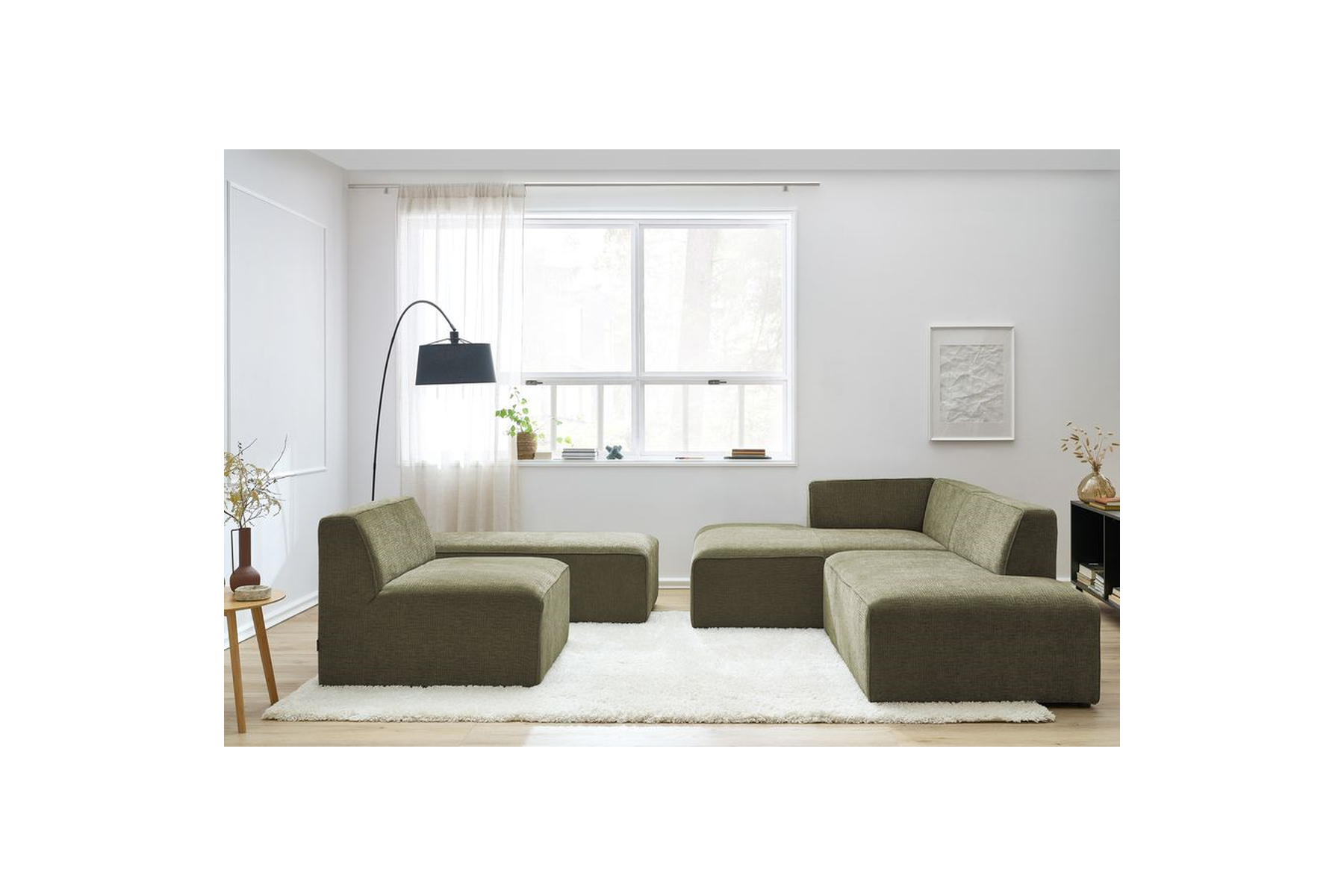 Modular Fixed Corner Sofa - Megeve - Textured Fabric - With 1 Armless Chair and 1 Pouffe - Left Corner