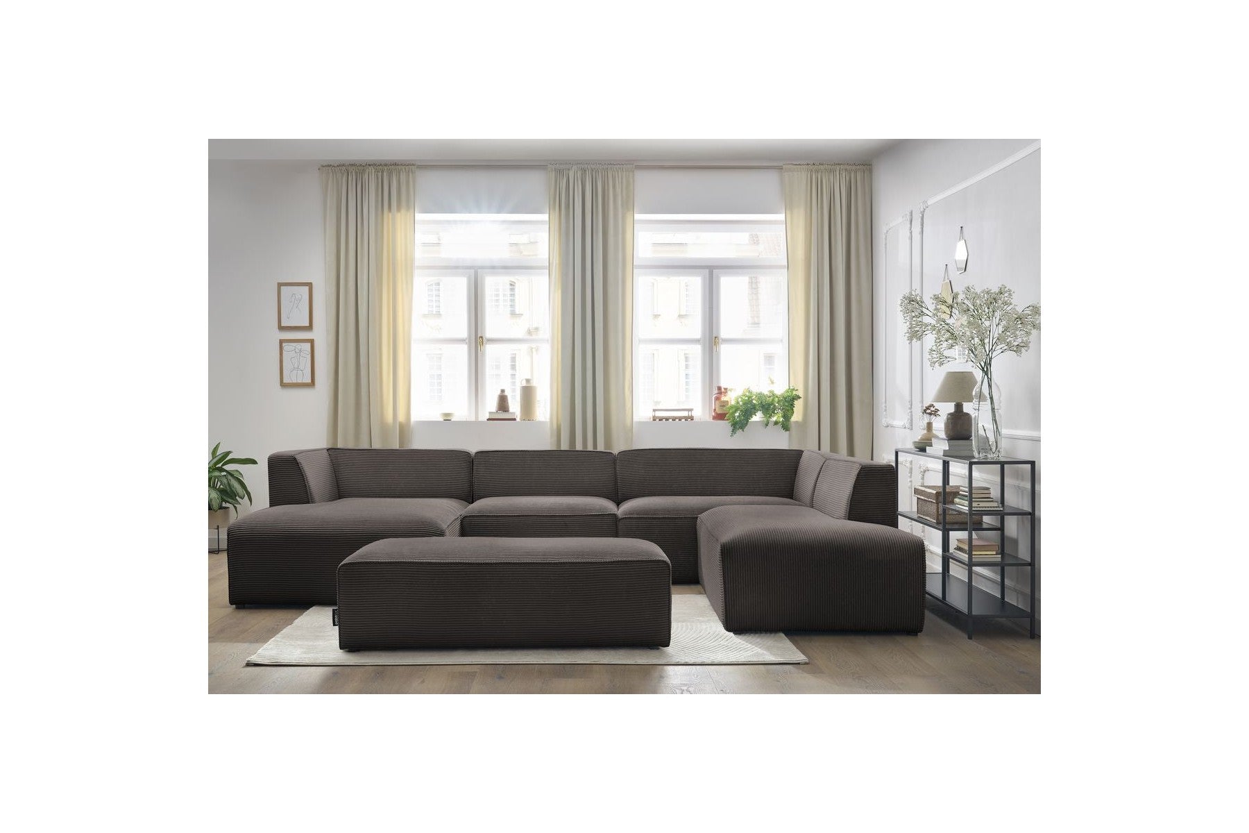 Sofá panorámico fijo - Megeve - Con puf - Tejido de pana - Esquina izquierda