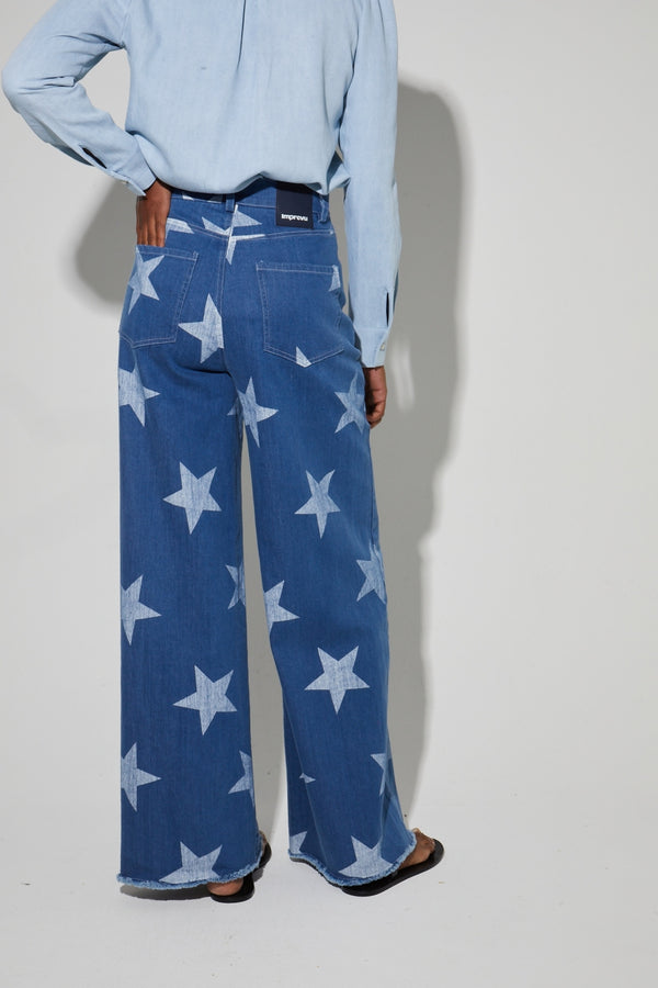 Pantalones Swiggy, Espíritu Denim Con Estampado De Estrellas Azules Made In Italy