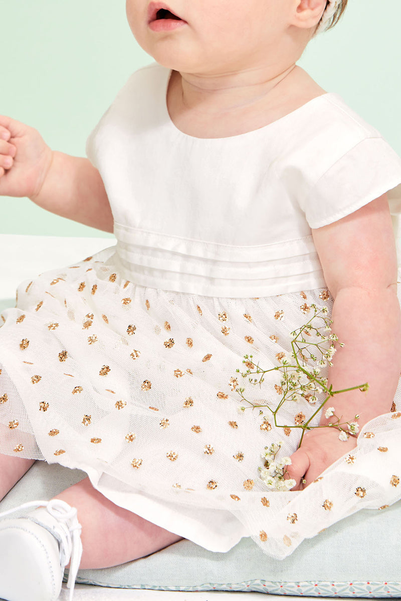 Two-Fabric Dress - Ecru and Gold - Baby Girl