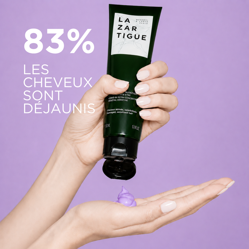 Lazartigue – Neutralize Conditioner Care (Anti-Brassiness Purple Conditioner), one hand holding a tube of purple cream, the other collecting the product