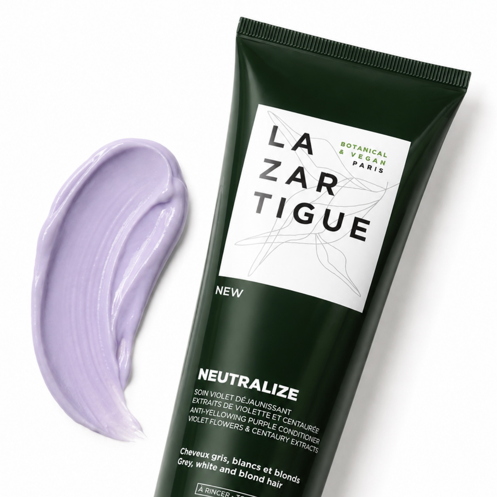 Lazartigue – Neutralize Conditioner Care (Anti-Brassiness Purple Conditioner), tube of purple cream with a dab of product beside it