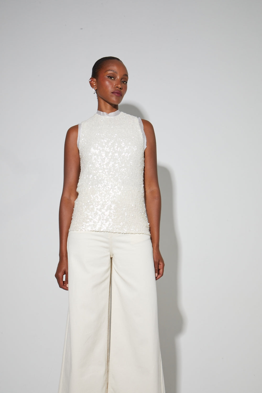 Top Foxy En Sequins Blanc, Fabriqué En Italie