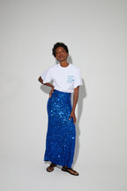 Long Ginger Skirt With Blue Sequin, Made In Italy