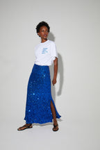Long Ginger Skirt With Blue Sequin, Made In Italy