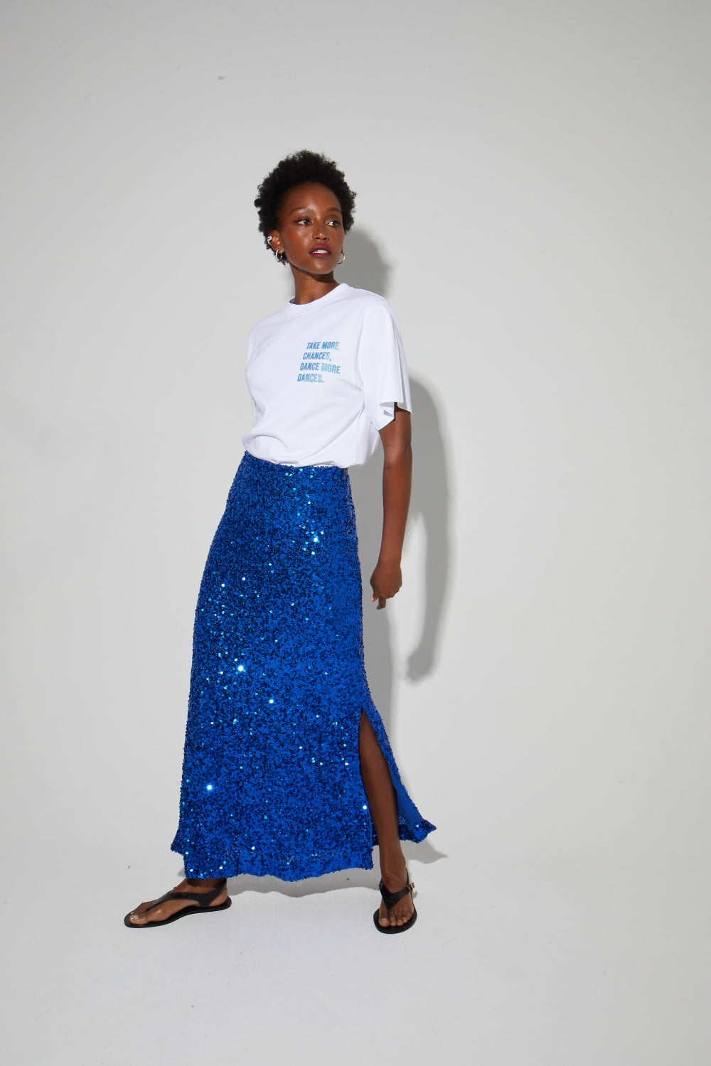 Long Ginger Skirt With Blue Sequin, Made In Italy