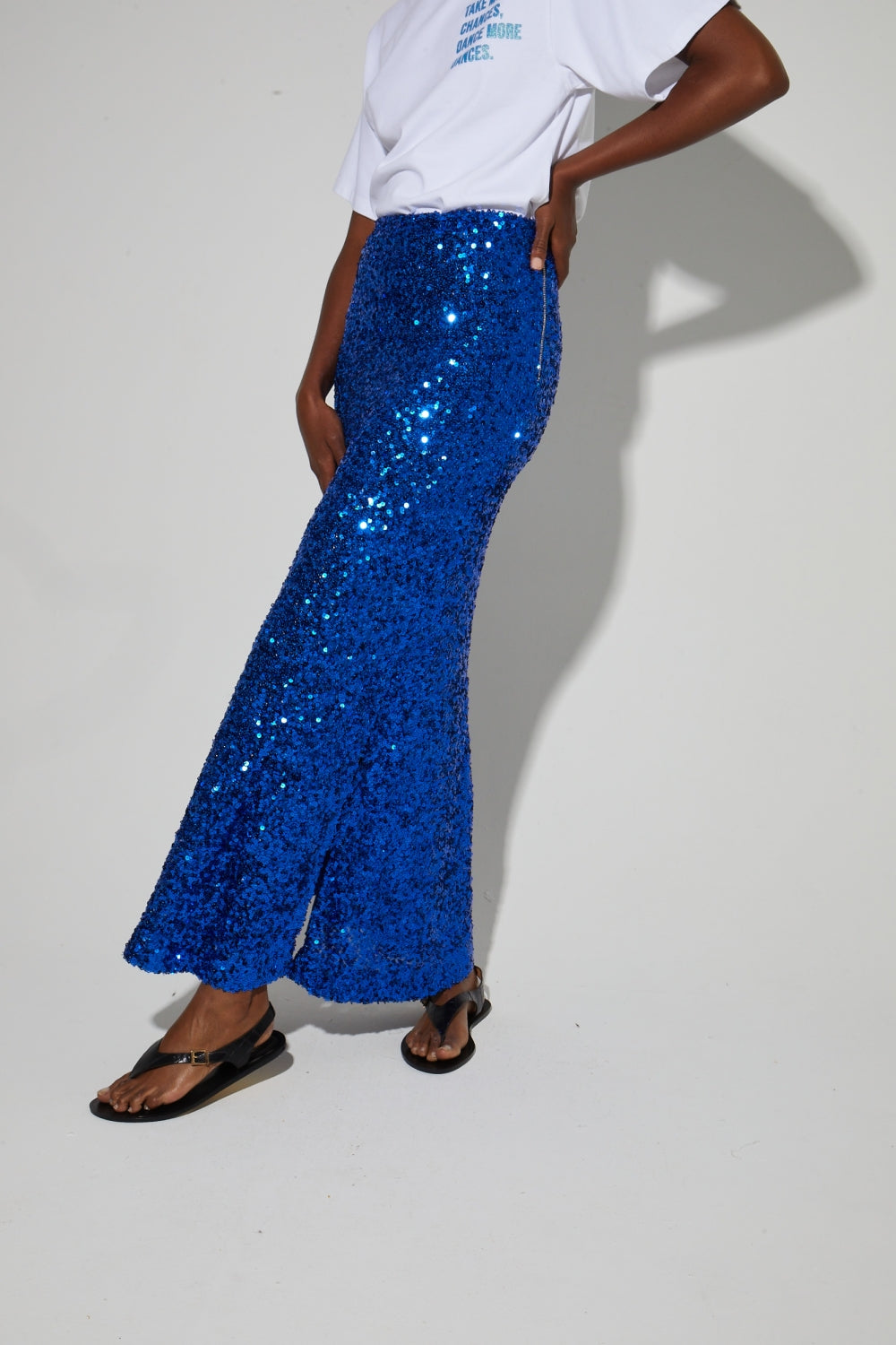 Long Ginger Skirt With Blue Sequin, Made In Italy