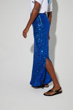 Long Ginger Skirt With Blue Sequin, Made In Italy