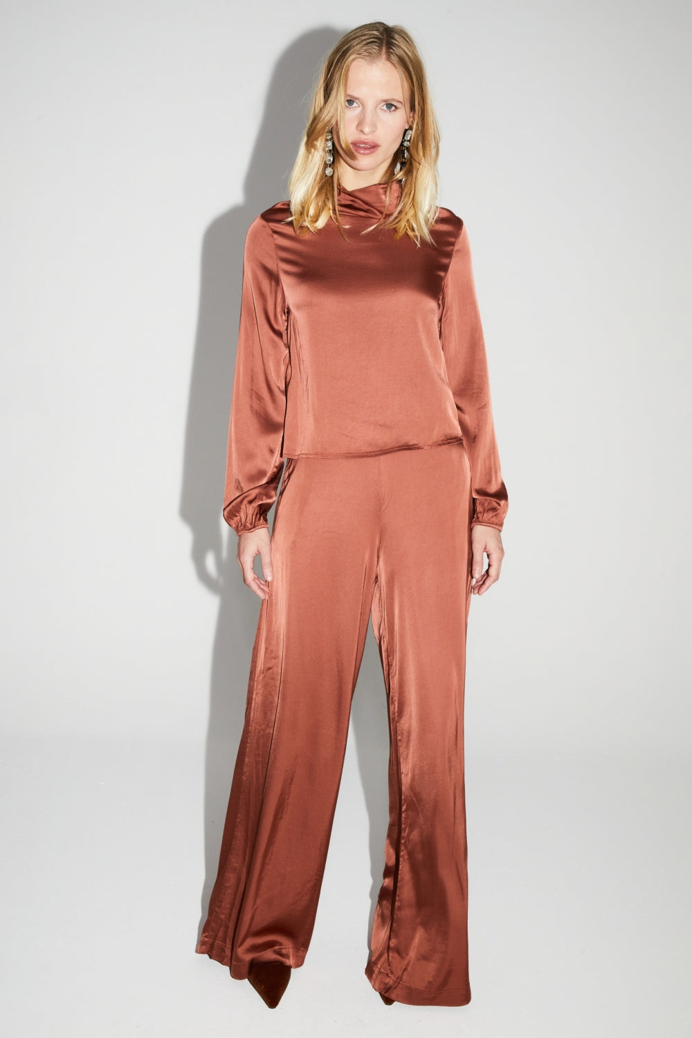 Charlie Satin Viscose Cognac Trousers Made In Italy