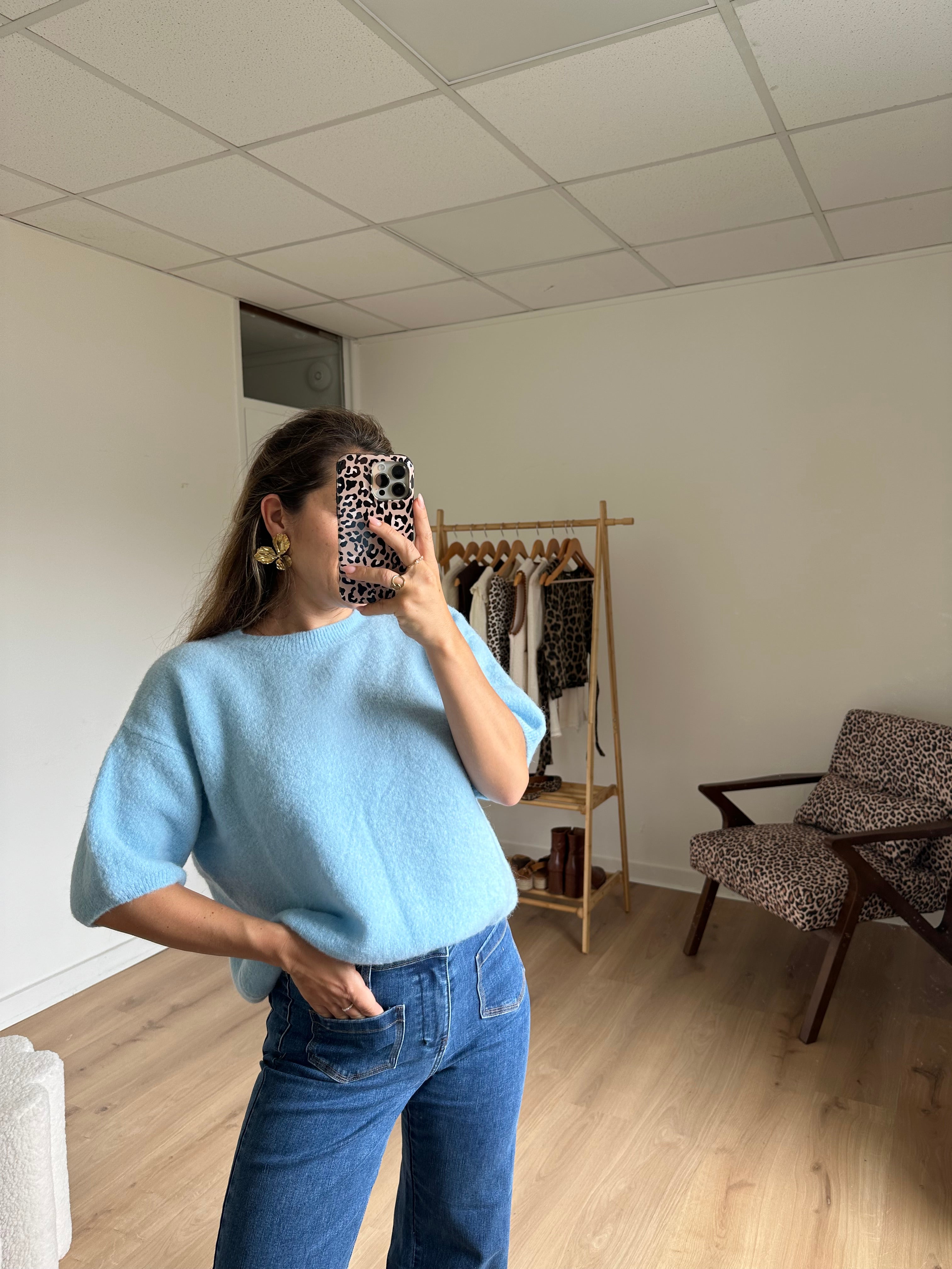 Short Sleeve Wool Knit Brown Sky Blue