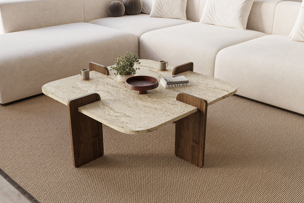 Poalla - Table Basse - Travertine/Walnut