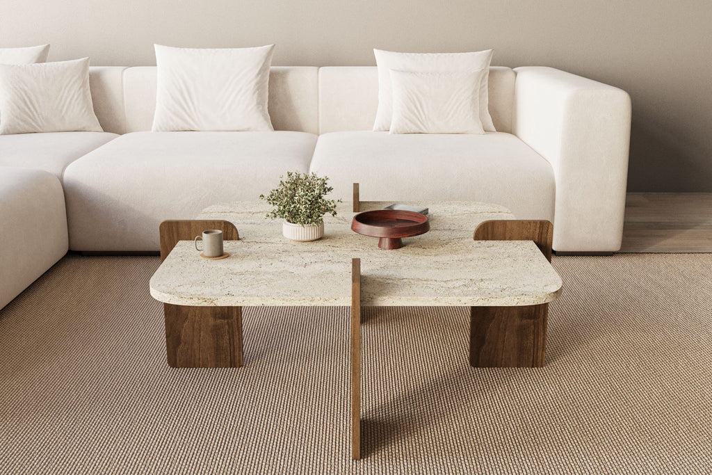 Poalla - Table Basse - Travertine/Walnut
