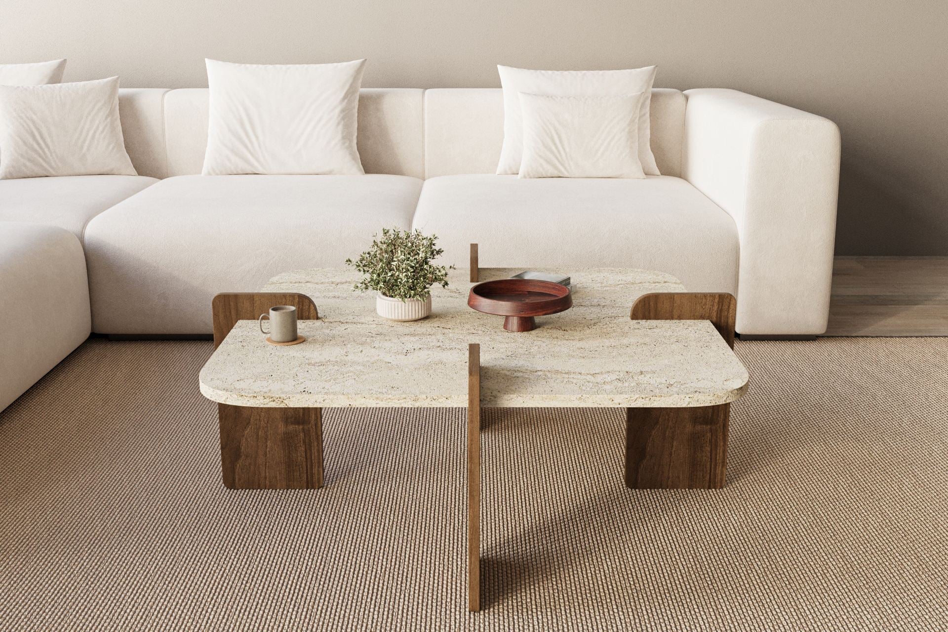 Poalla - Table Basse - Travertine/Walnut