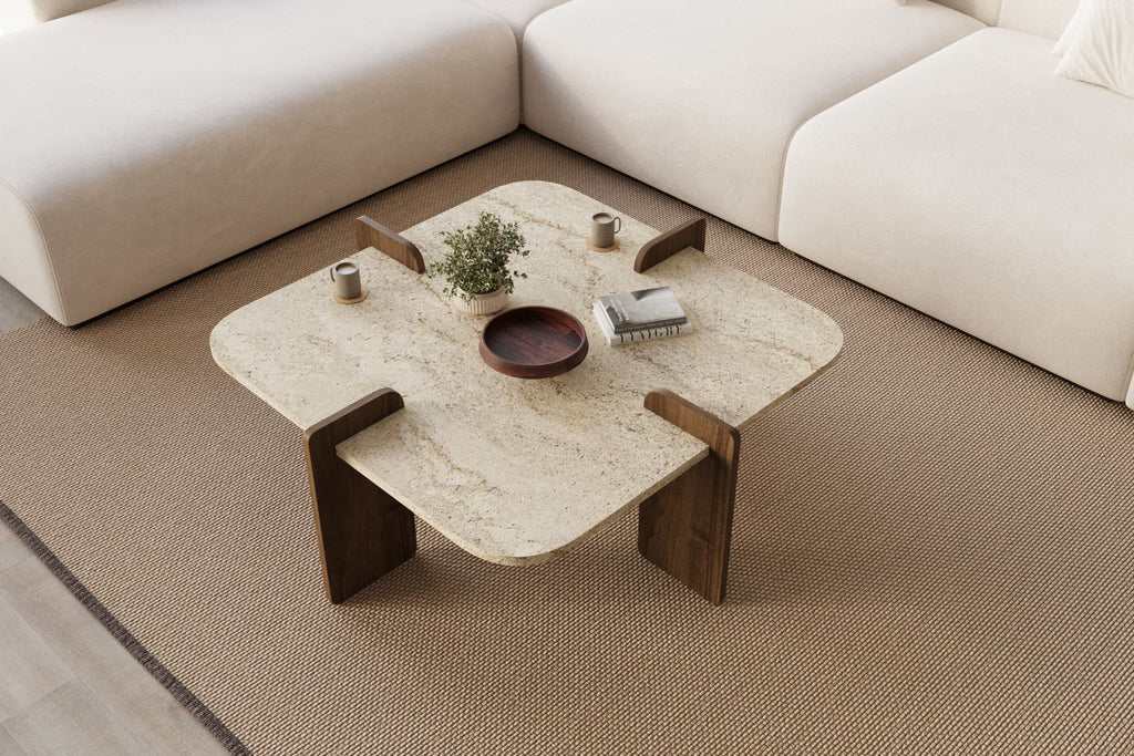 Poalla - Table Basse - Travertine/Walnut