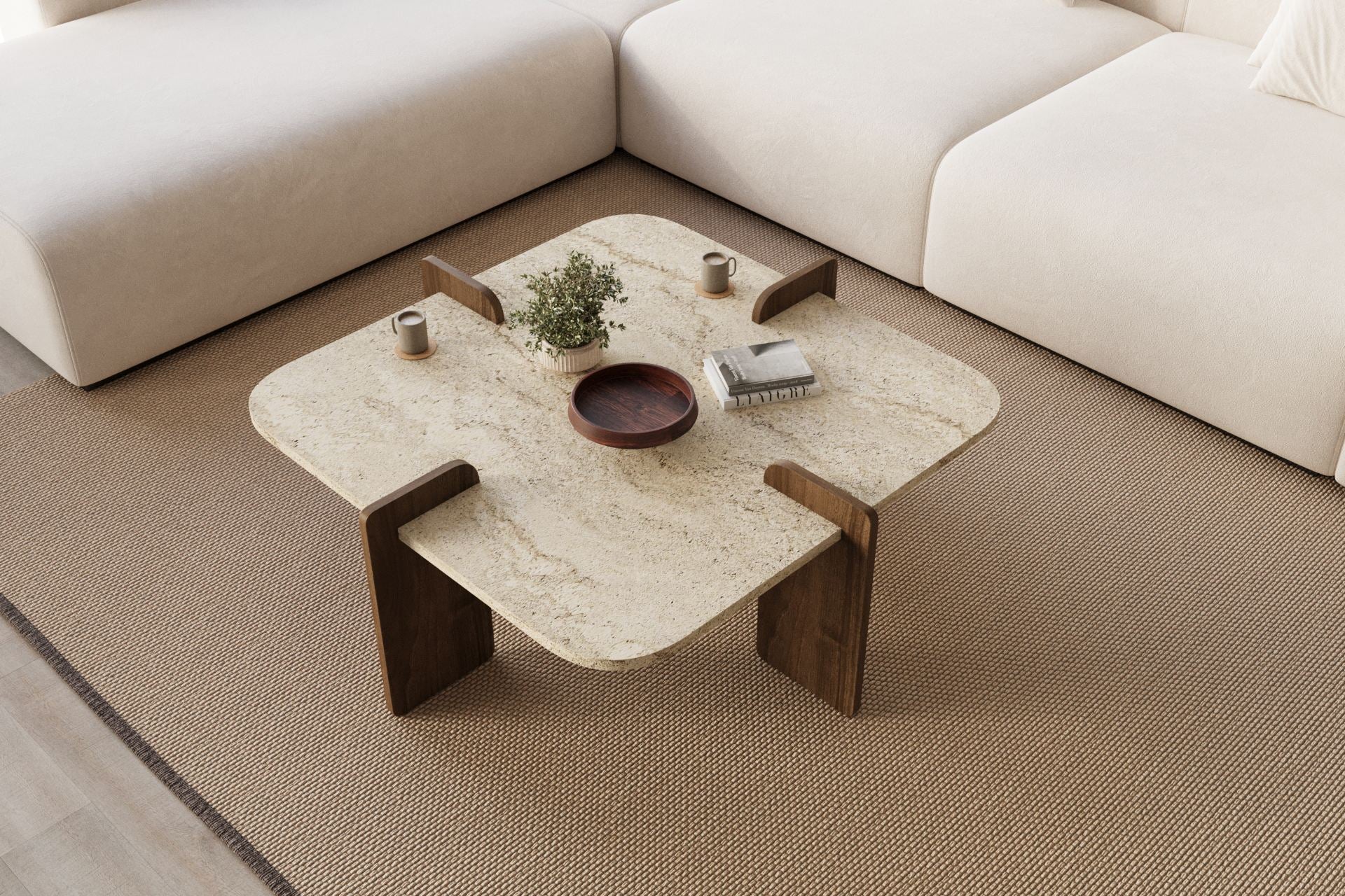 Poalla - Table Basse - Travertine/Walnut