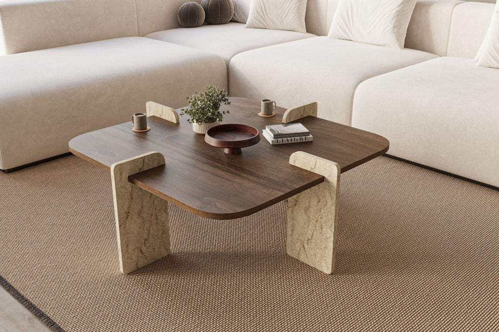 Poalla - Coffee Table - Walnut/Travertine