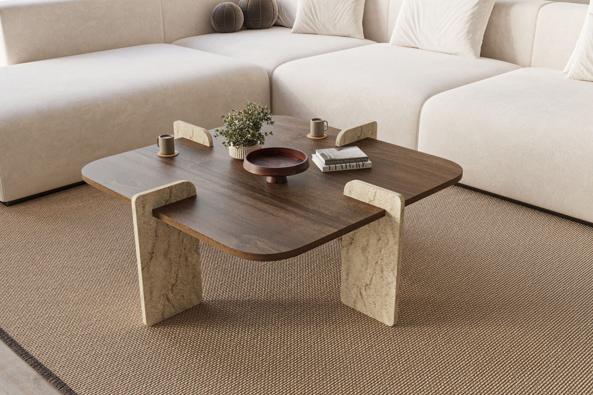 Poalla - Coffee Table - Walnut/Travertine