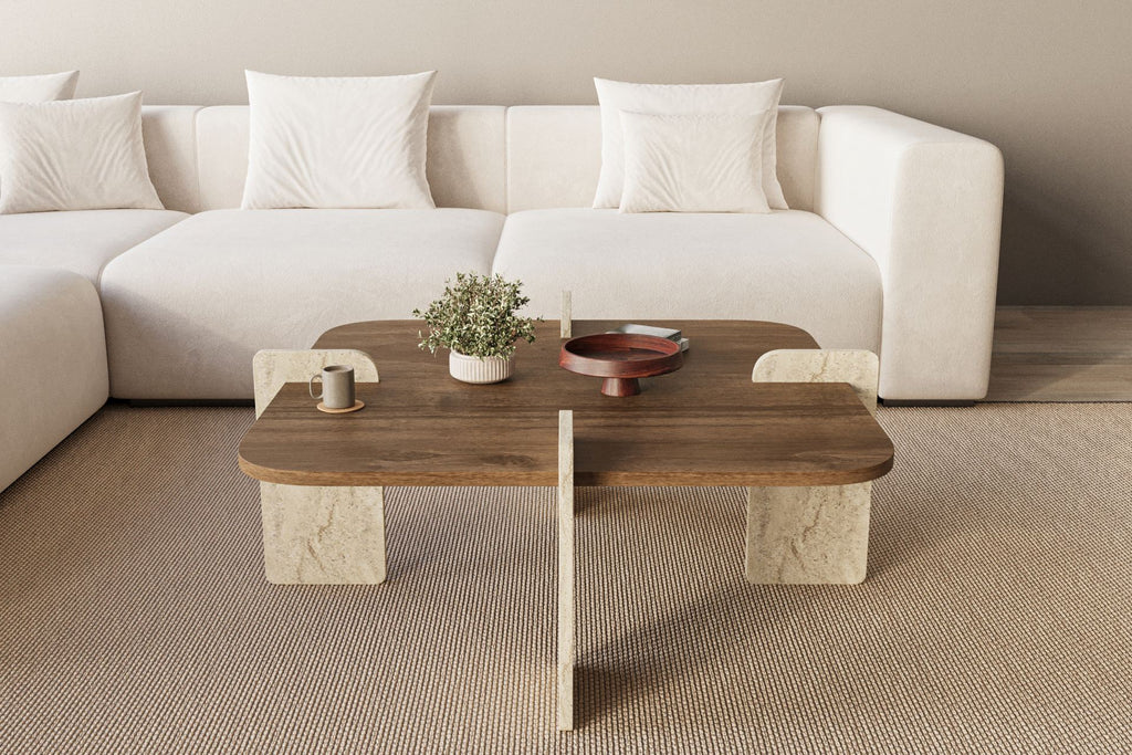 Poalla - Coffee Table - Walnut/Travertine