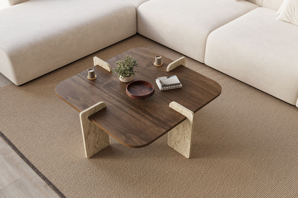 Poalla - Coffee Table - Walnut/Travertine