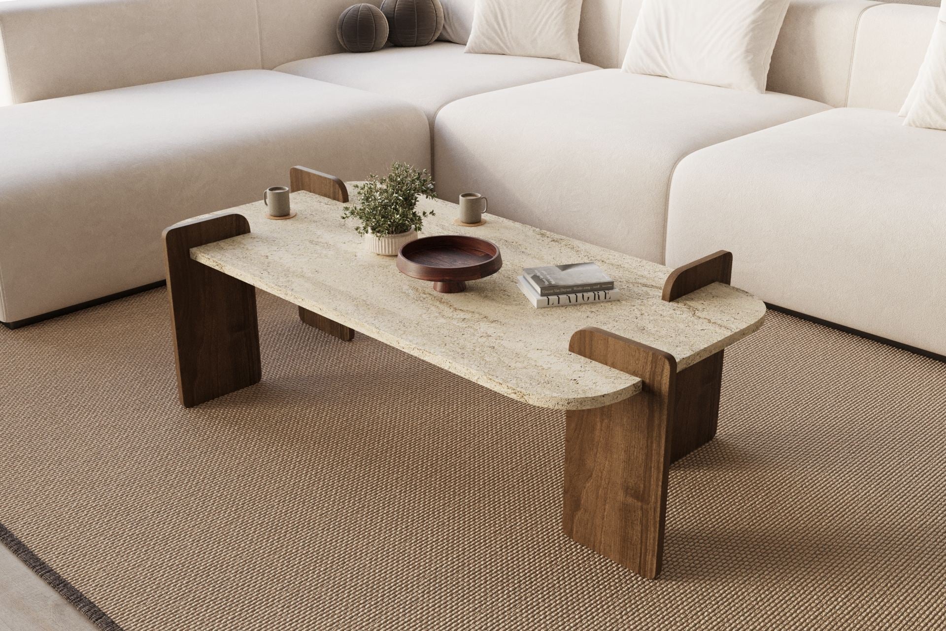 Leapiri - Coffee Table - Travertine/Walnut