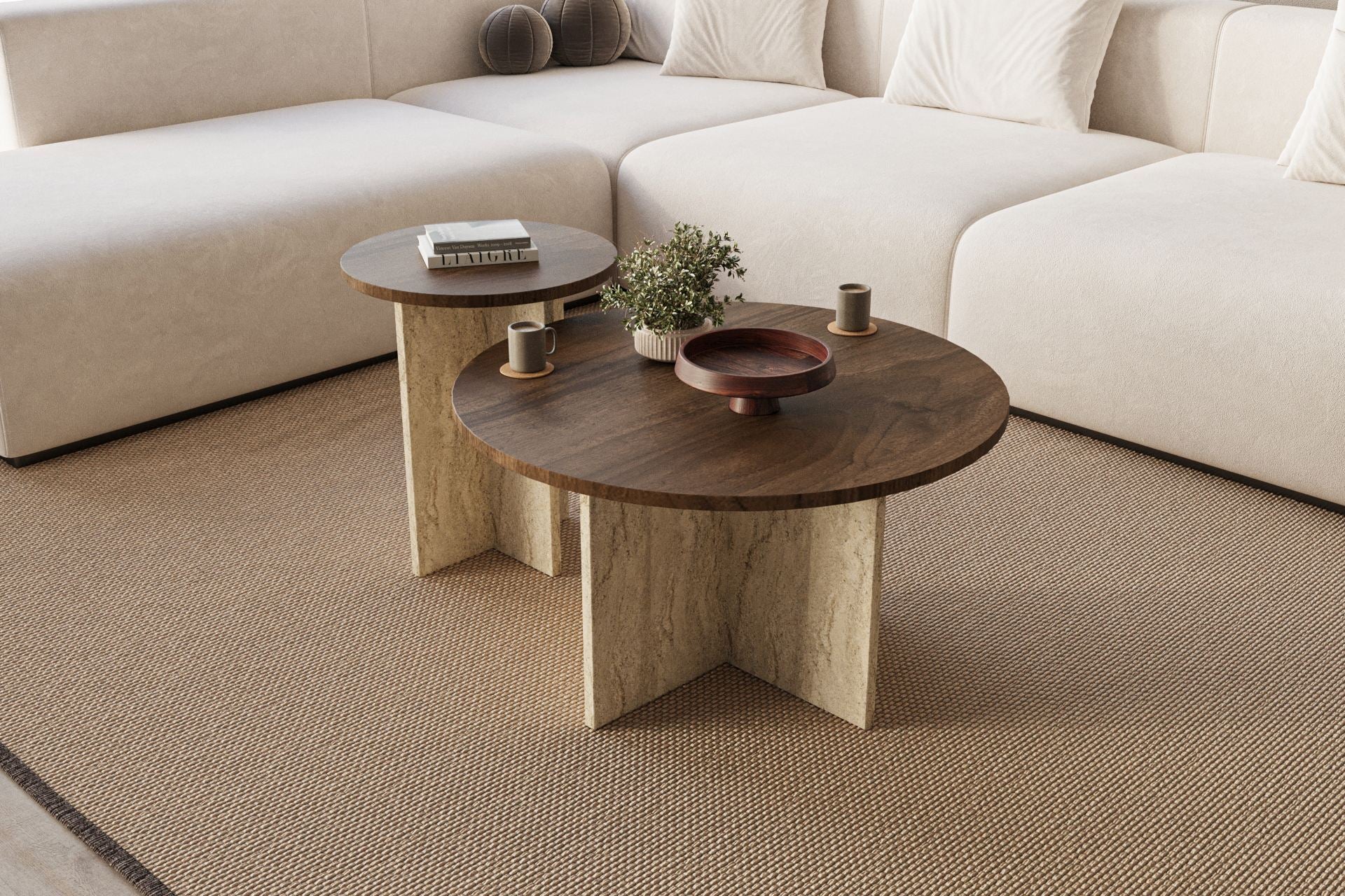Private - Set de Tables Basses - Walnut/Travertine