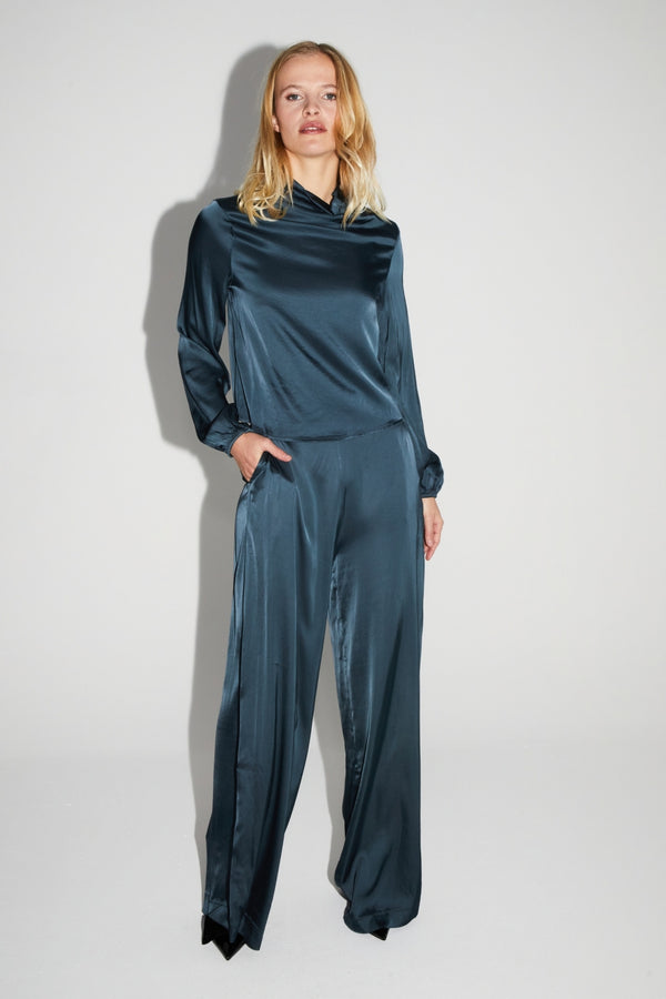 Pantalon Charlie Satin Viscose Bleu Atlantique Fabriqué En Italie
