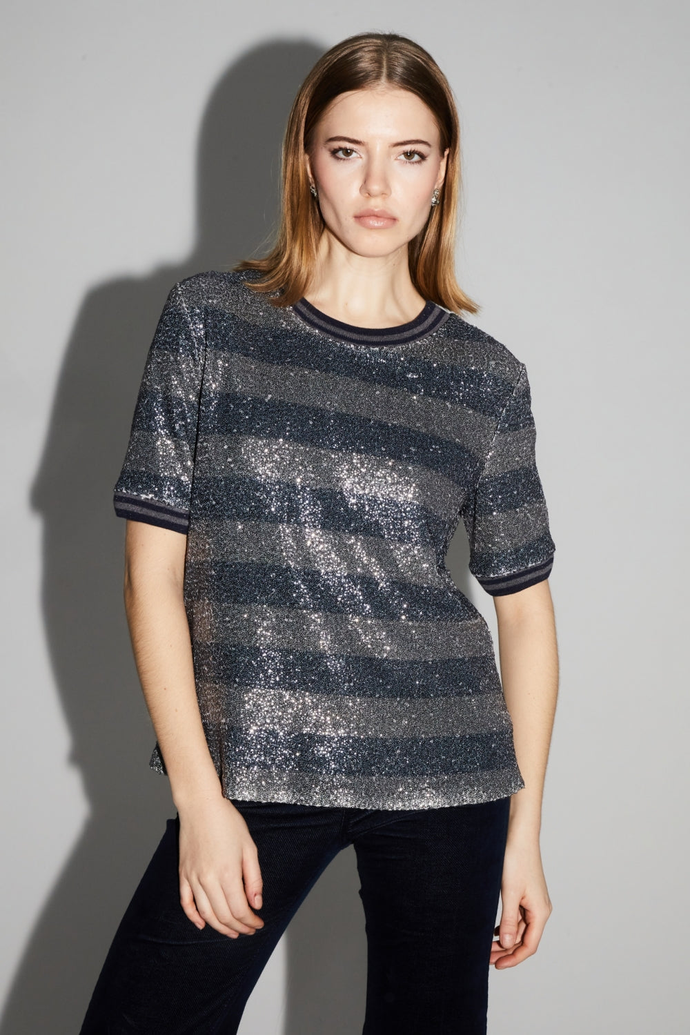 Blusa de rayas azul marino Poppy hecha en Italia