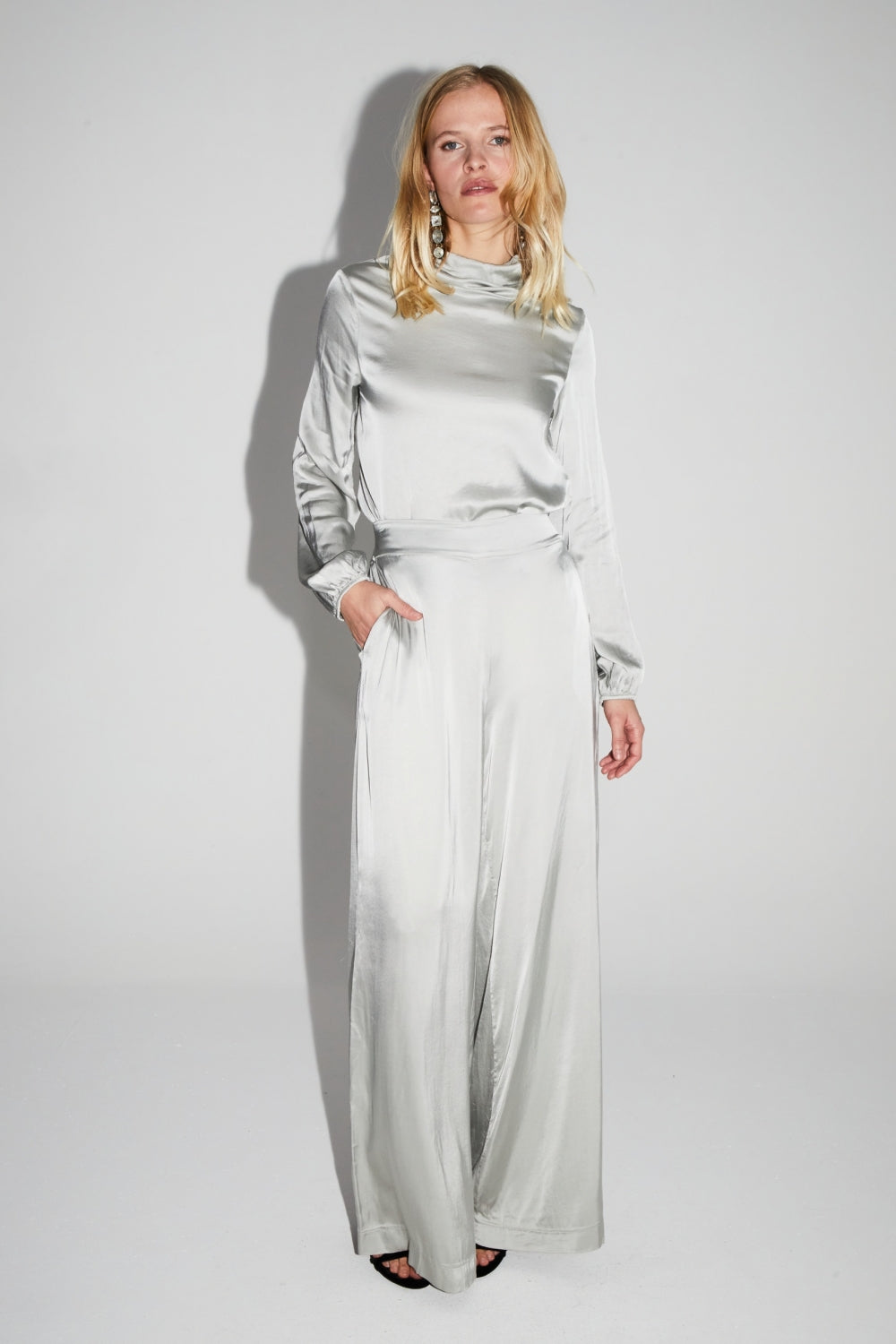 Charlie Satin Viscose Silver Trousers Made In Italy
